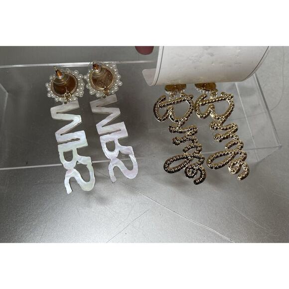 Bride & MRS Statement Earrings Beaded Faux Pearl Bridal Bachelorette Set Of 2 - Picture 2 of 3